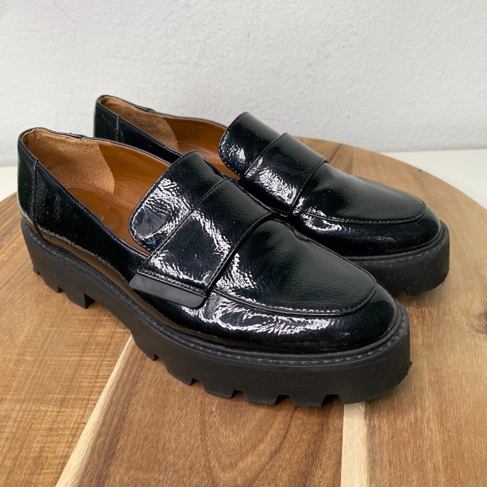 Franco Sarto Brindy Black Faux Patent Leather Platform Lug Sole Loafers Size 8.5